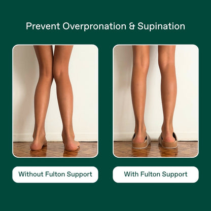 Pair of forest green open-heel house slippers with supportive sole, FULTON logo.