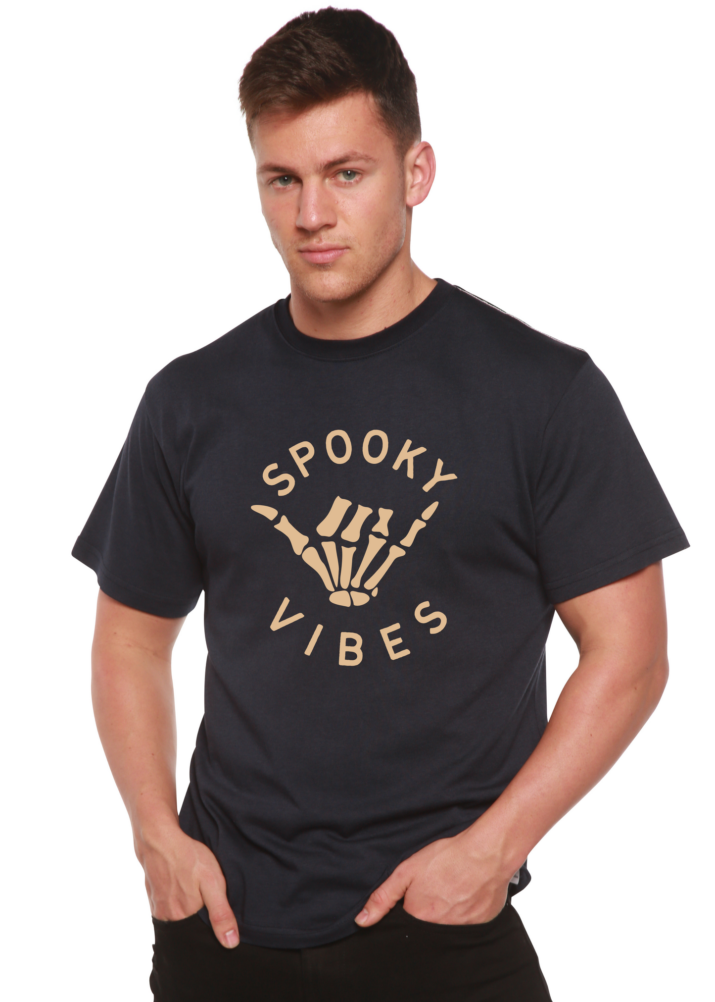 Men's graphic T-shirt in dark navy with “SPOOKY VIBES” skeleton-hand design