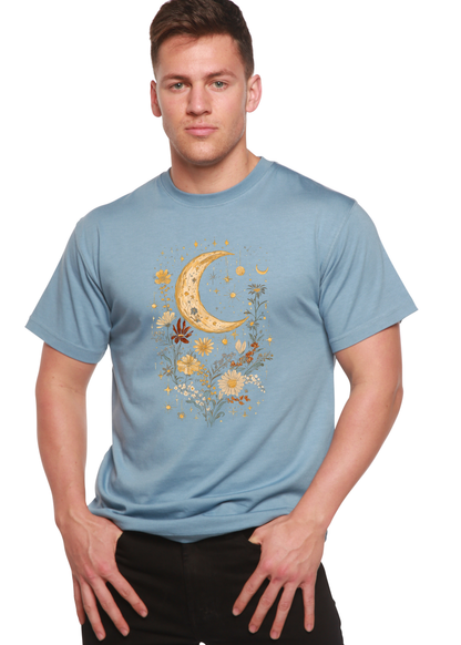 Steel blue unisex T-shirt with crescent moon and floral boho graphic on front