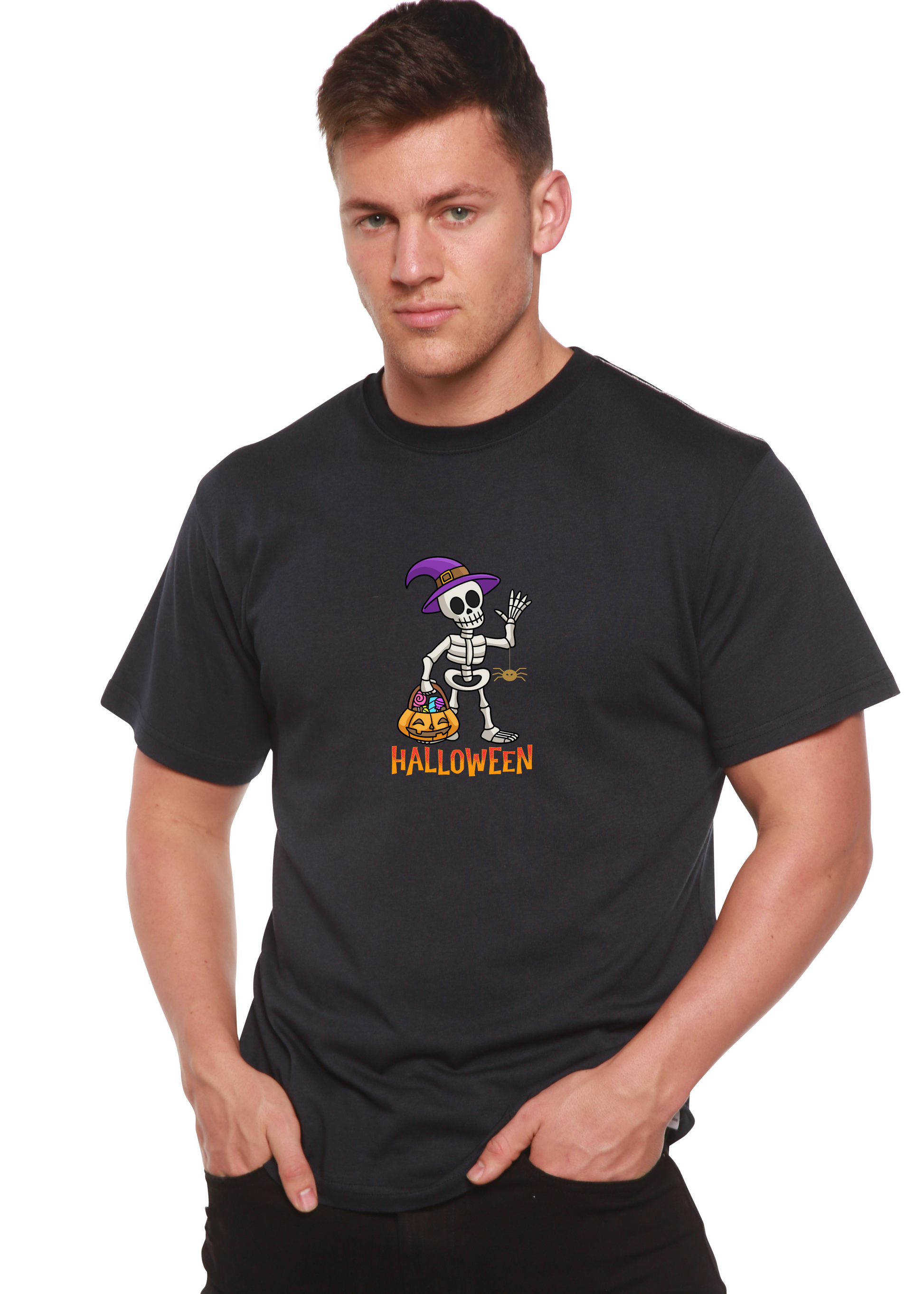 Navy unisex crewneck T-shirt with short sleeves; Halloween skeleton graphic on chest