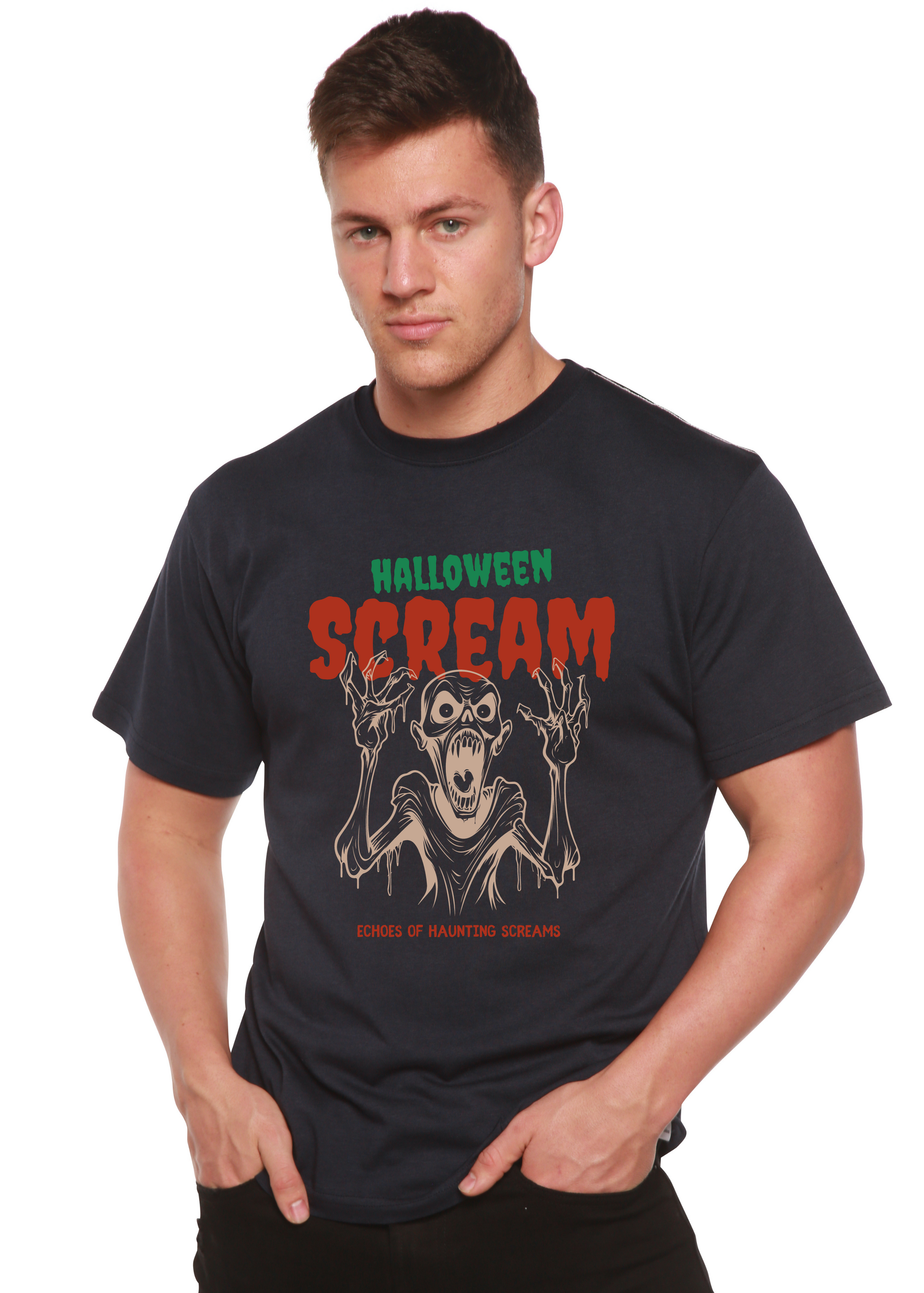 Men's dark navy Halloween graphic T-shirt with screaming monster front print