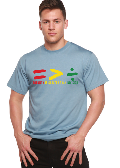 Unisex steel-blue graphic t-shirt with multicolor Equality slogan and symbol print