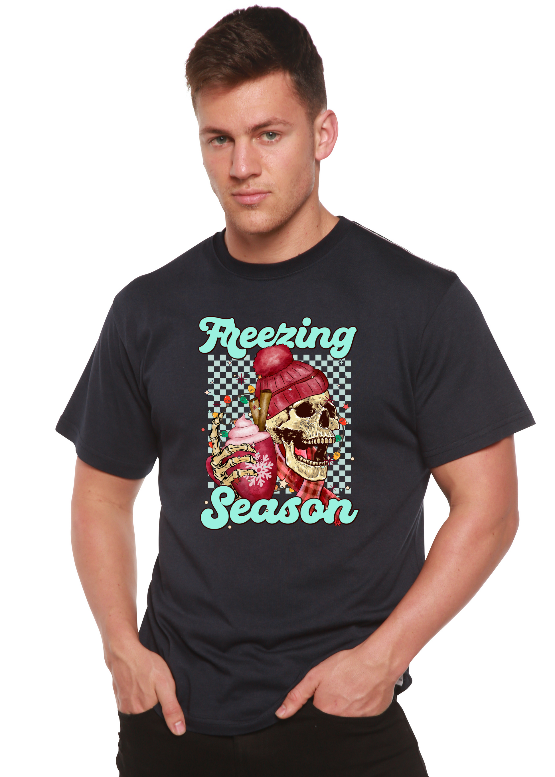 Unisex short sleeve graphic T-shirt, dark, skull with “Freezing Season” text.