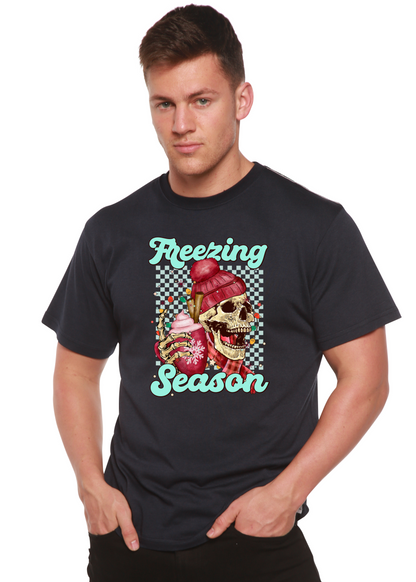 Unisex short sleeve graphic T-shirt, dark, skull with “Freezing Season” text.