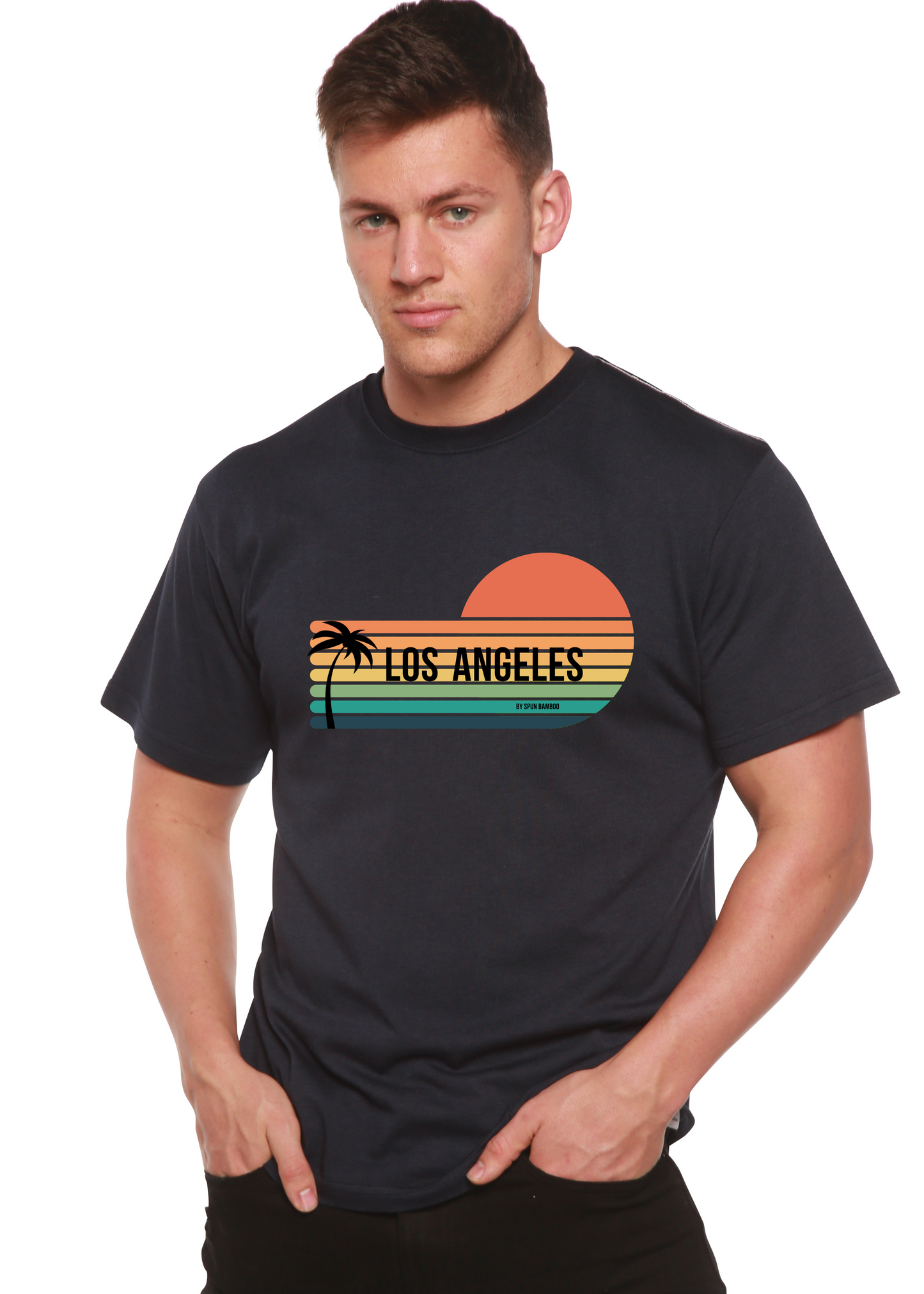 Unisex short sleeve graphic T-shirt in dark color with Los Angeles sunset logo