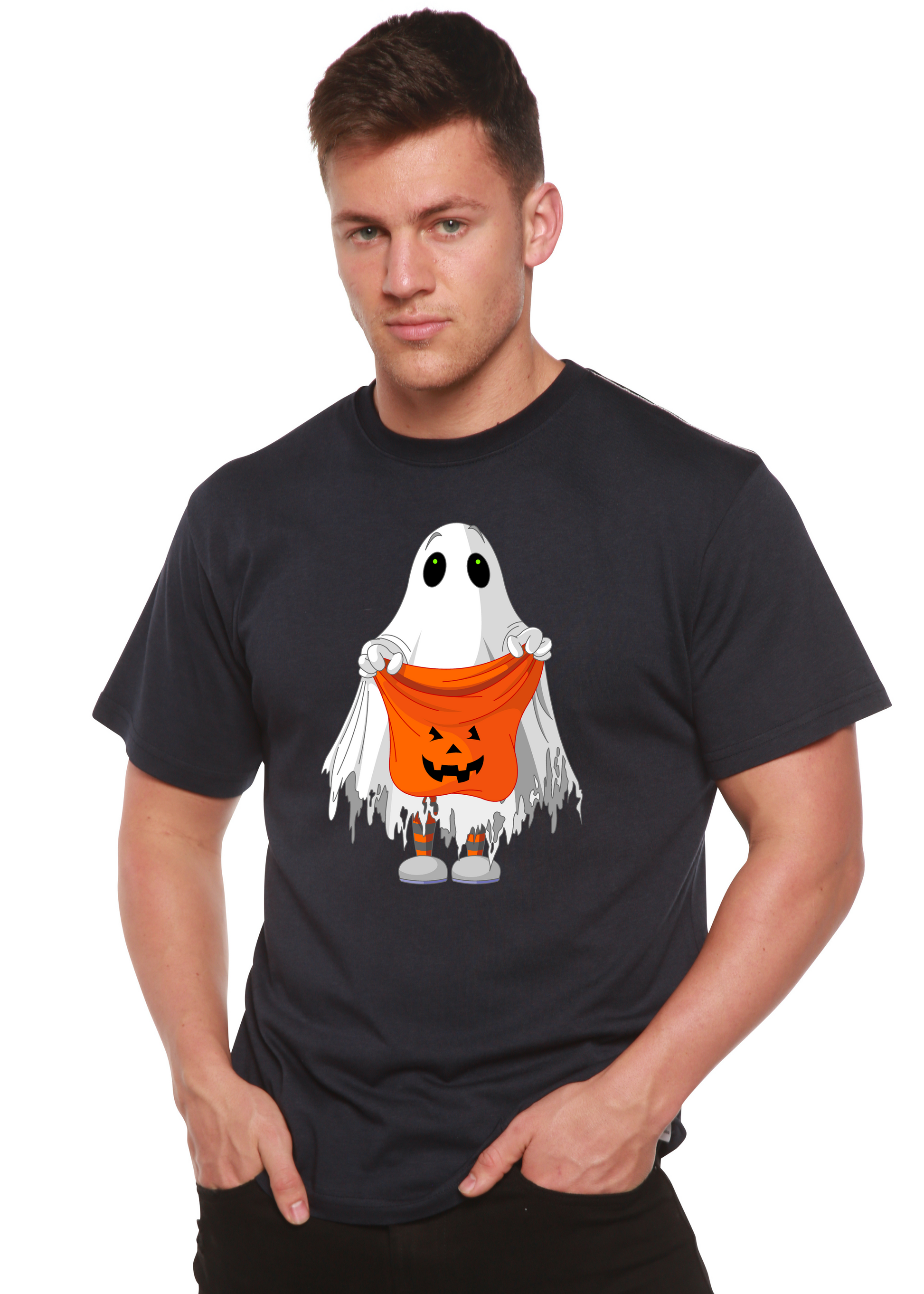 Men's dark short-sleeve graphic t-shirt with ghost holding orange jack-o'-lantern bucket