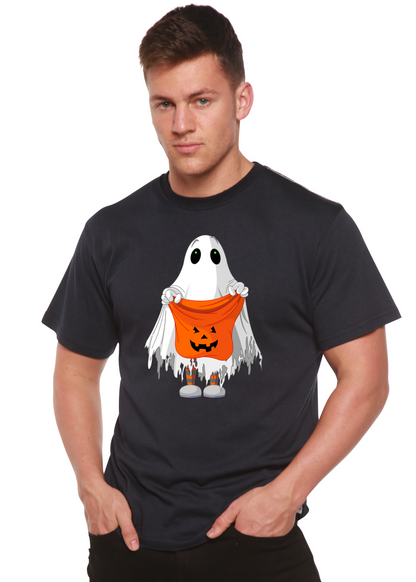 Men's dark short-sleeve graphic t-shirt with ghost holding orange jack-o'-lantern bucket