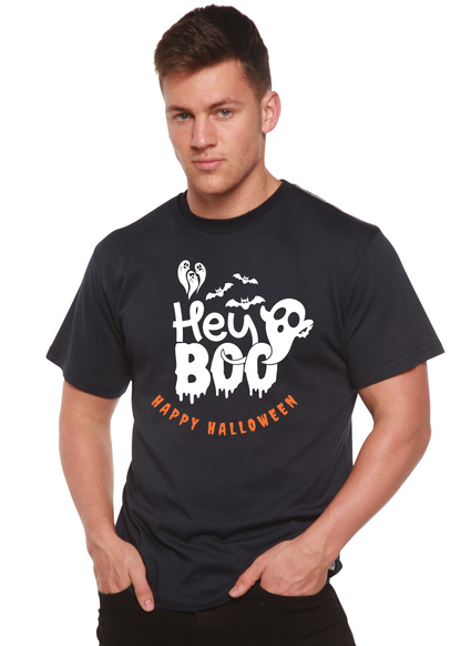 Men's dark navy graphic T-shirt with 'Hey Boo' Halloween text and ghost/bat print