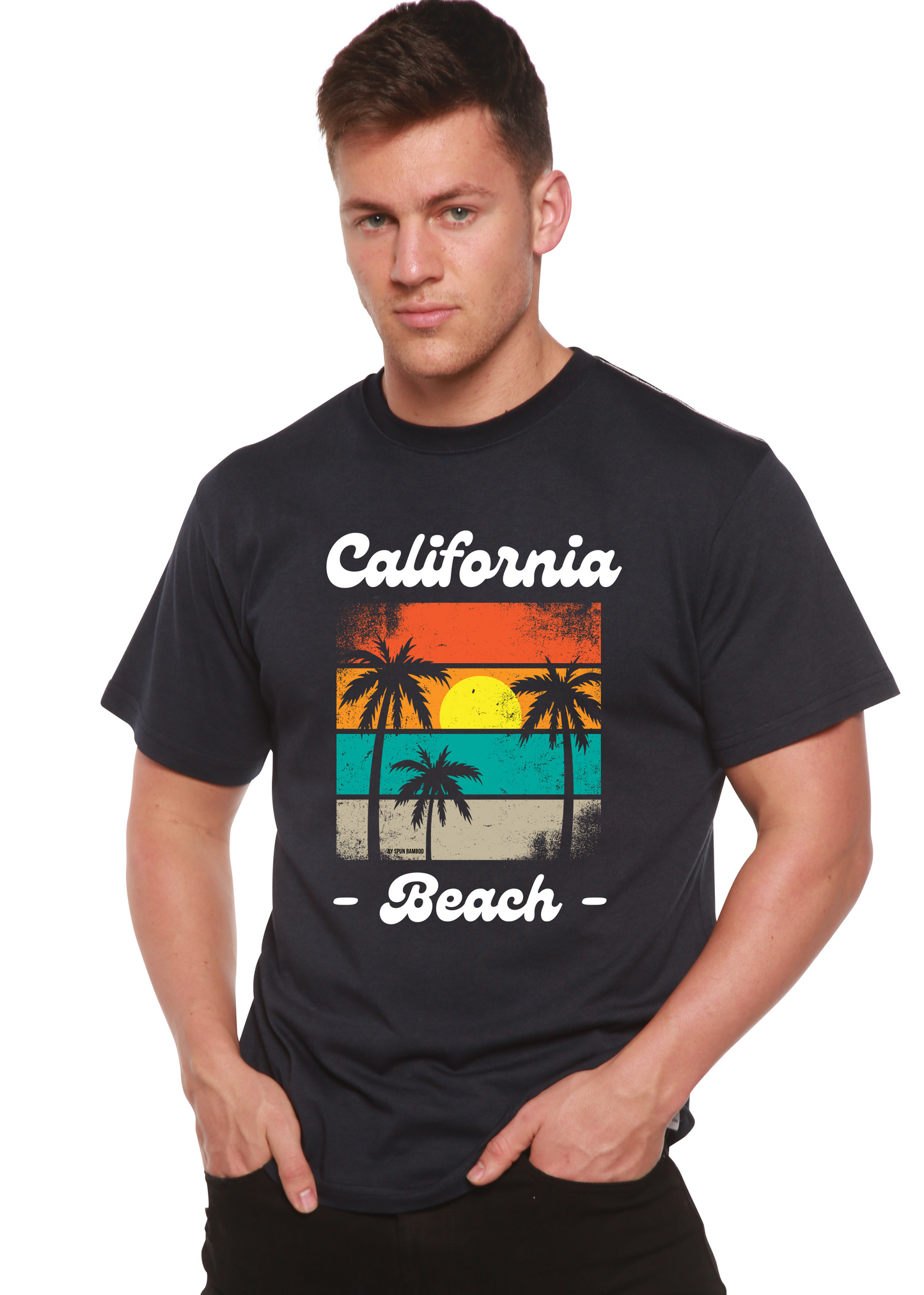 Unisex short-sleeve graphic T-shirt, dark navy with California Beach front print