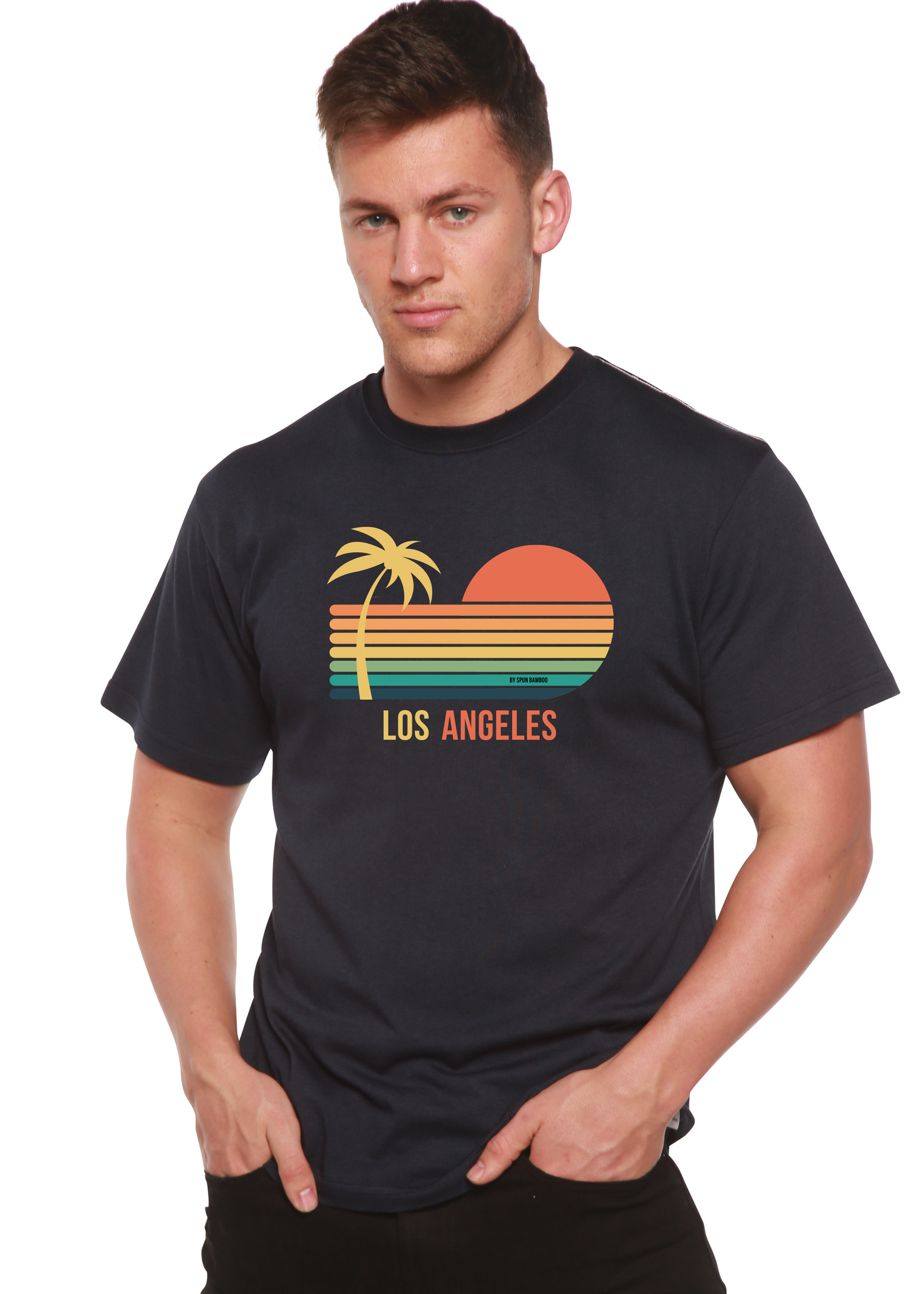 Unisex graphic T-shirt in dark, palm-sunset print with 'Los Angeles' text