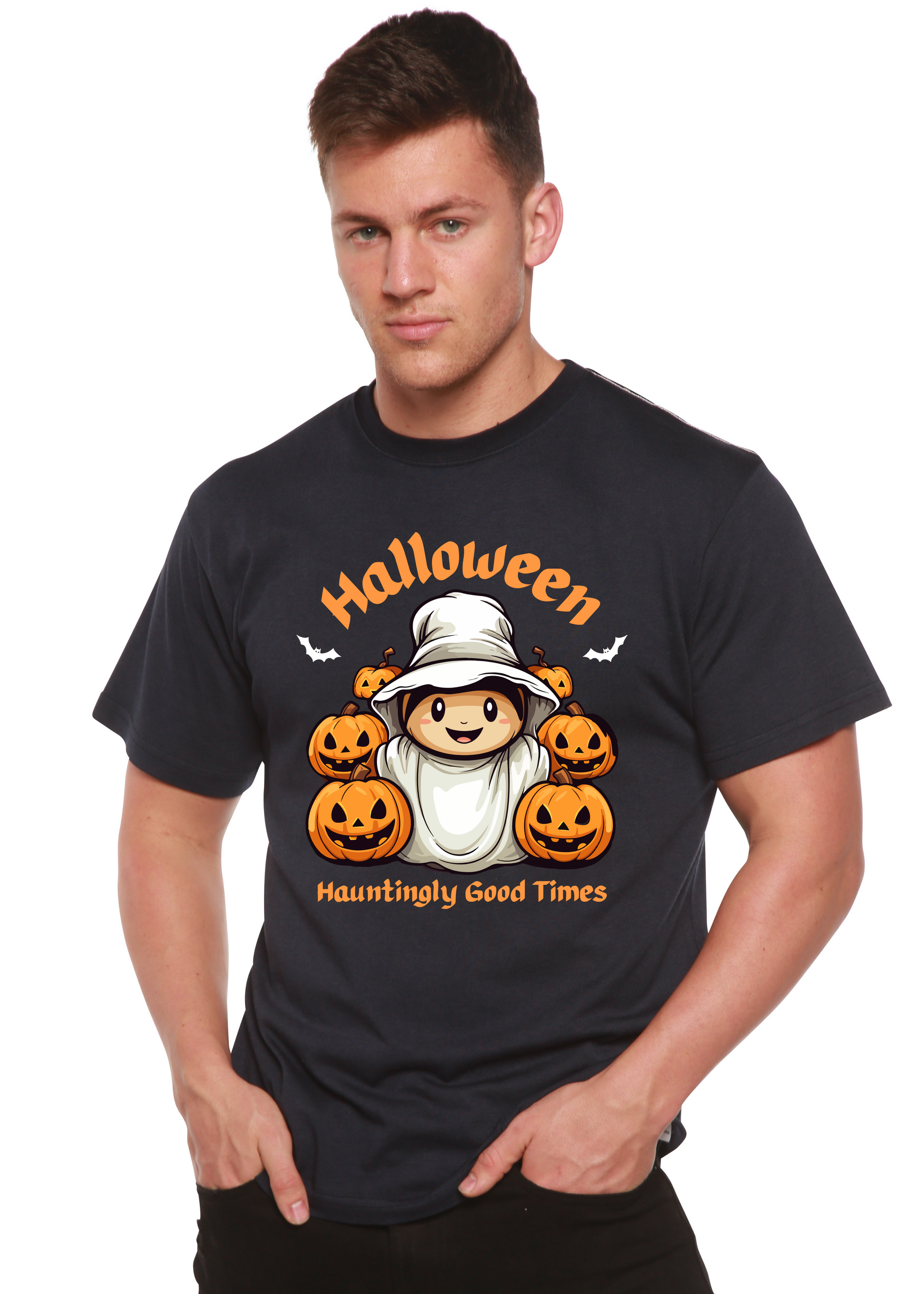 Men's dark navy Halloween graphic short sleeve T-shirt with pumpkins and ghost face art