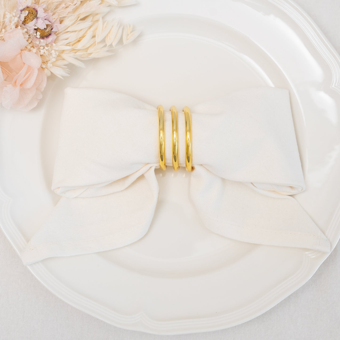 Flour sack napkin set, white, bow fold with gold ring closure