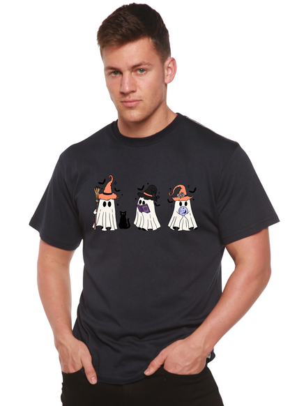 Men's short-sleeve T-shirt in dark charcoal with cartoon Halloween costume graphic across chest