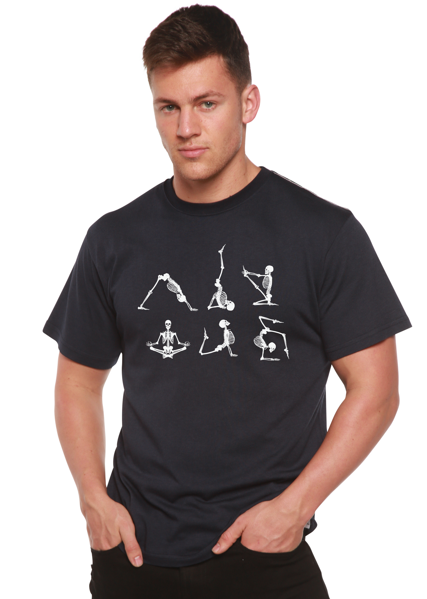 Men's dark blue short sleeve graphic t-shirt with white skeleton yoga artwork
