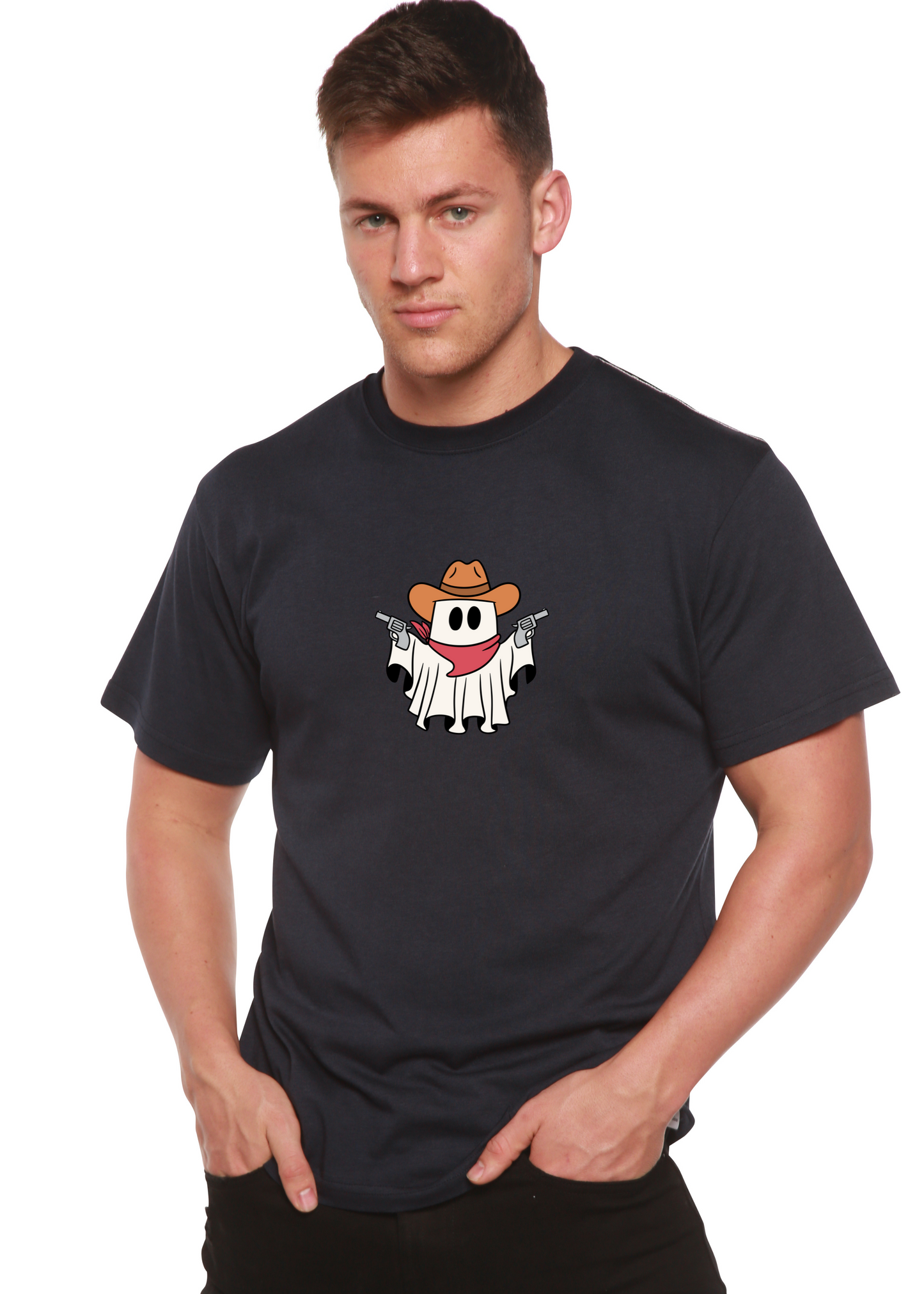 Men's charcoal graphic T-shirt with cowboy ghost face and revolver print on front.