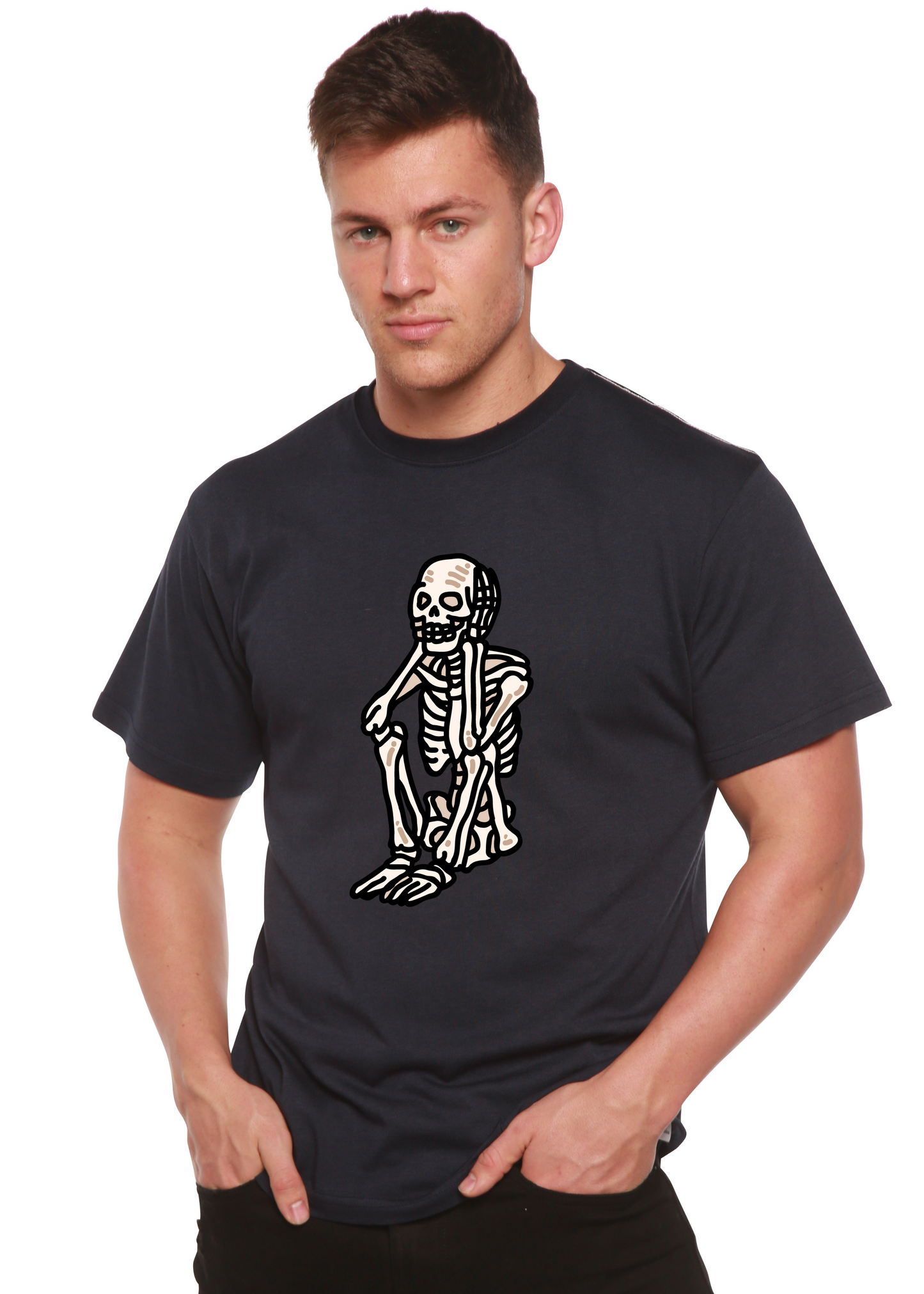 Unisex short-sleeve graphic T-shirt, dark navy with black skeleton front print