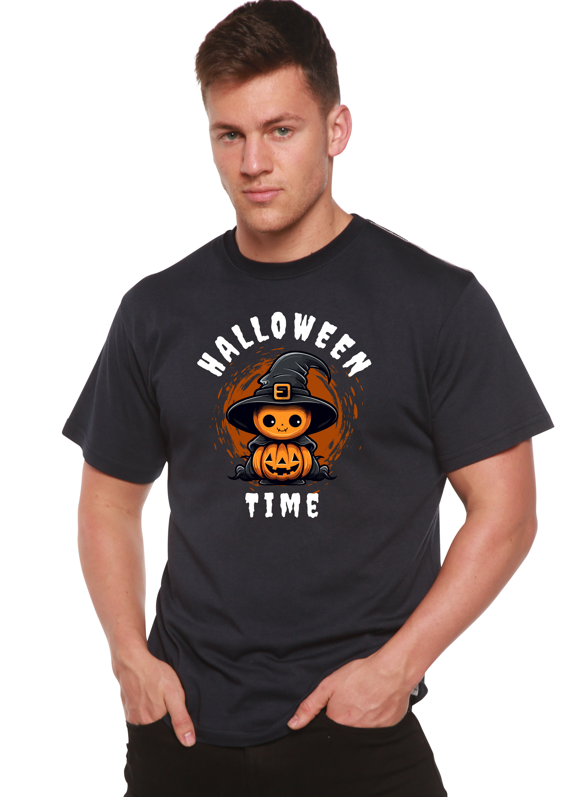 Dark charcoal unisex short-sleeve T-shirt with Halloween Time witch-and-pumpkin graphic on chest