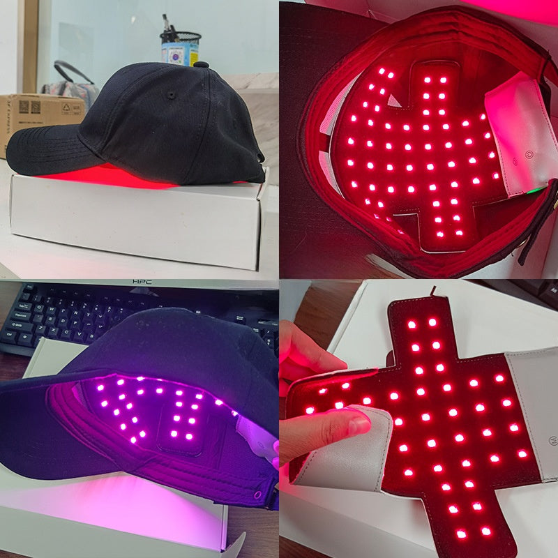 Hair growth caps with red and purple LED displays in packaging