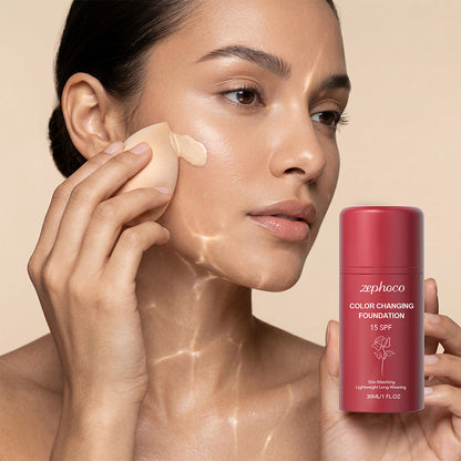 Zephoco color-changing sunscreen foundation applied on face, bottle shown, 15 SPF