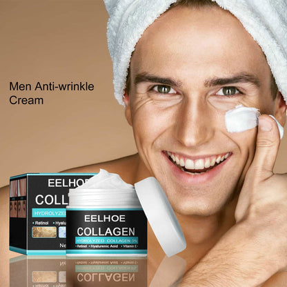 EELHOE collagen face cream with white jar, teal box, and applied moisturizer
