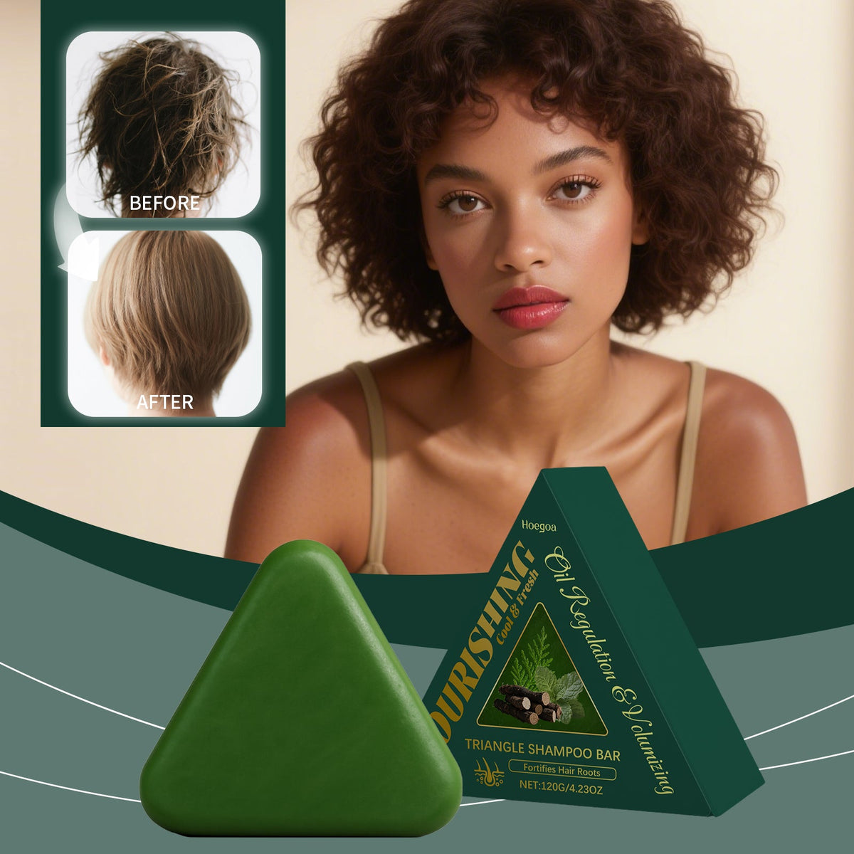 Green triangle shampoo bar with herbal label, front view