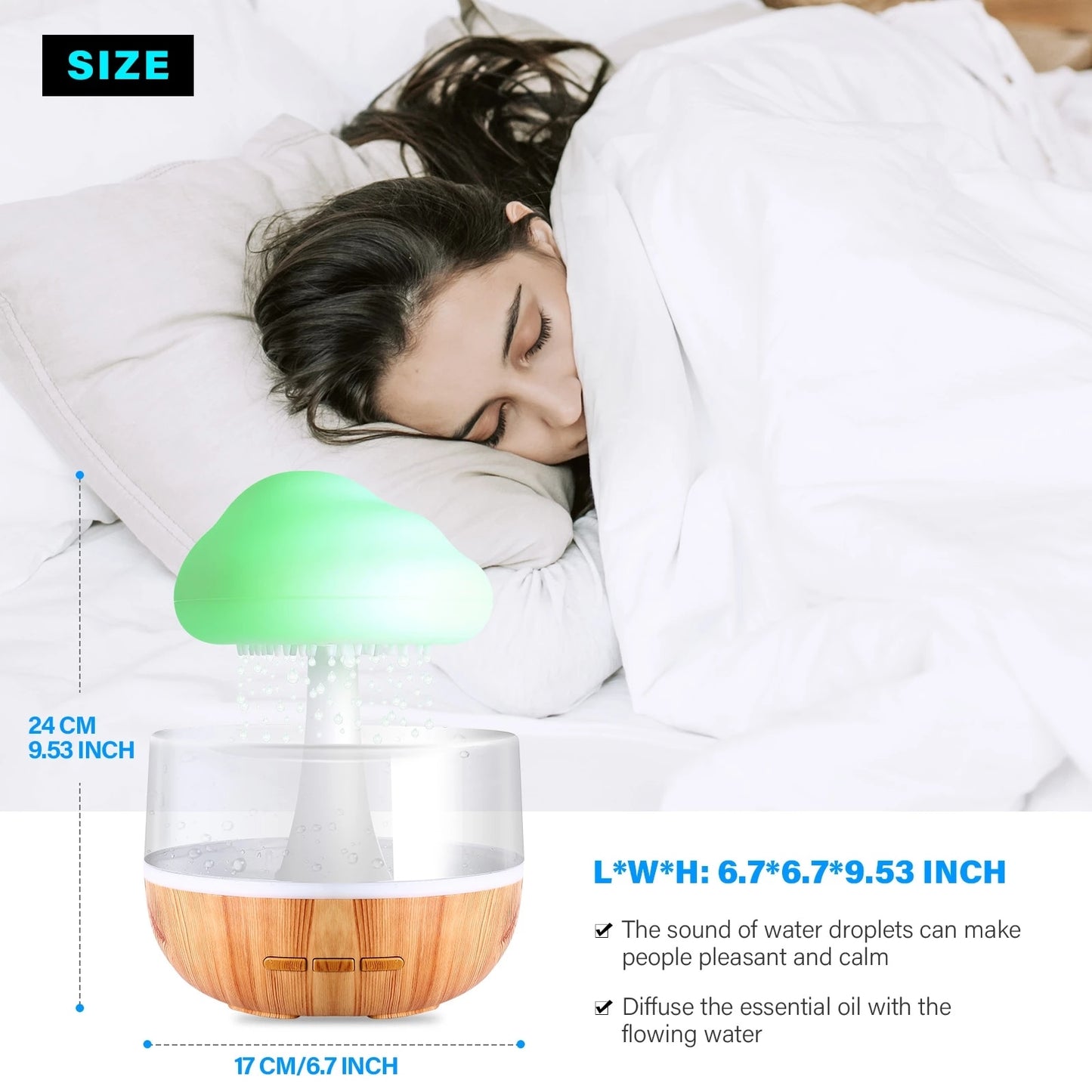 Rain-cloud desktop humidifier on bed, mint cloud top and light wood base