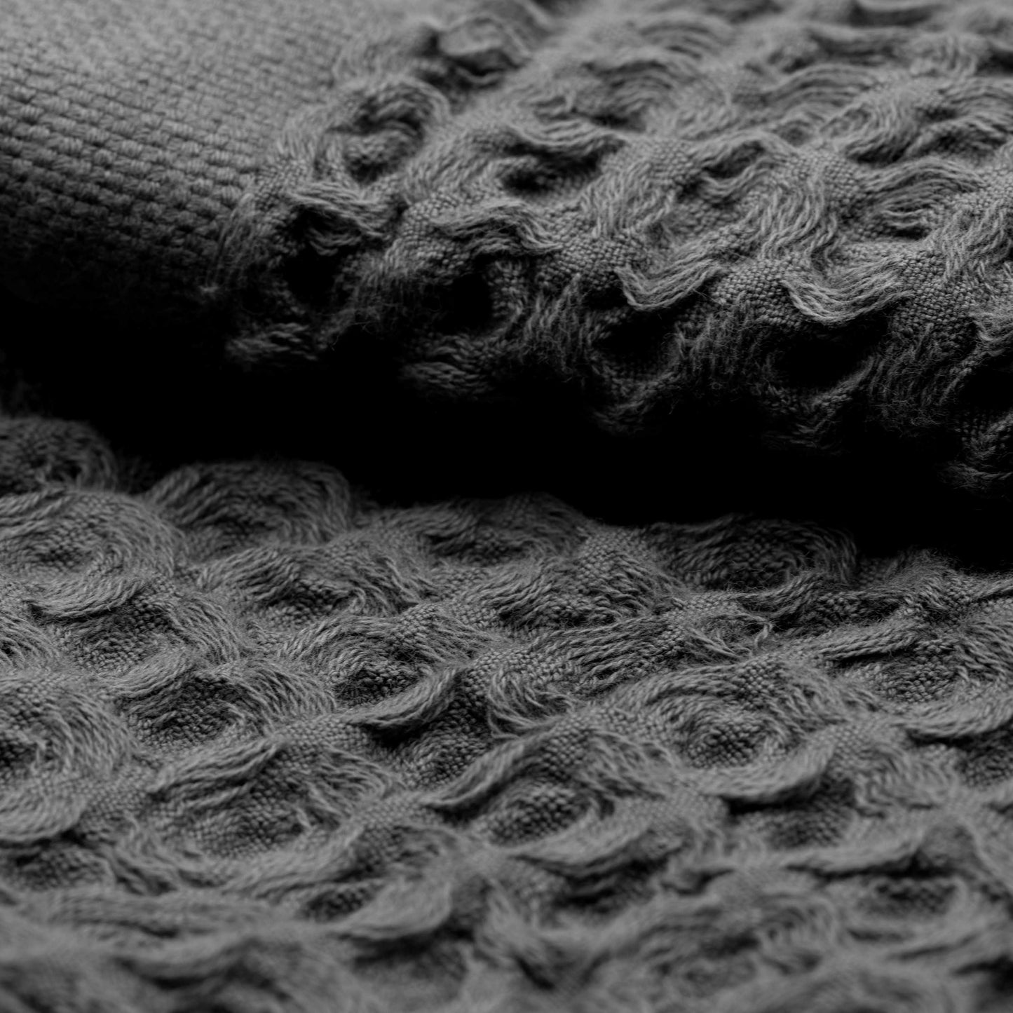 Charcoal waffle towel fabric close-up highlighting raised waffle loops