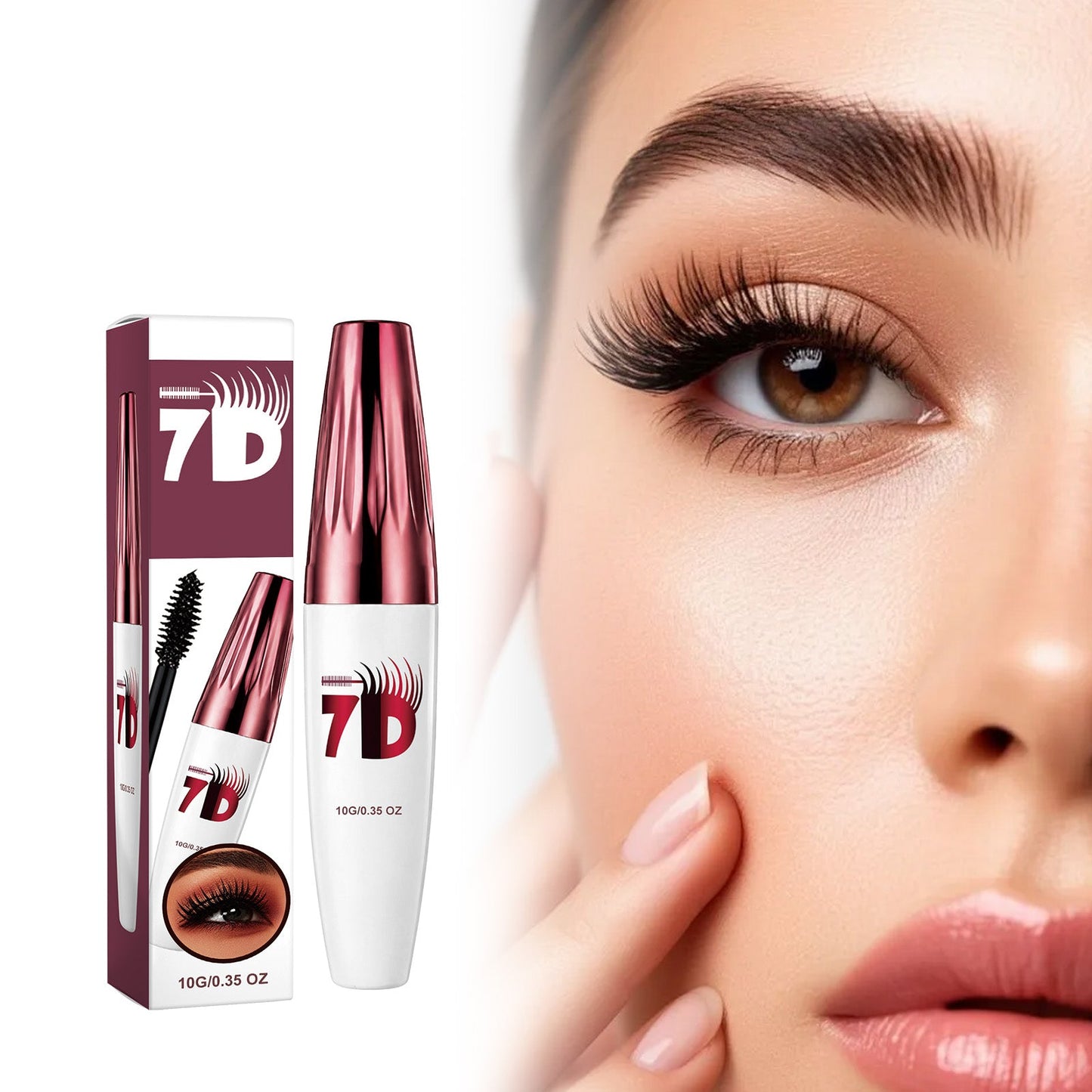 Black curling 3D mascara with wand, slim white bottle, and boxed package, 10g