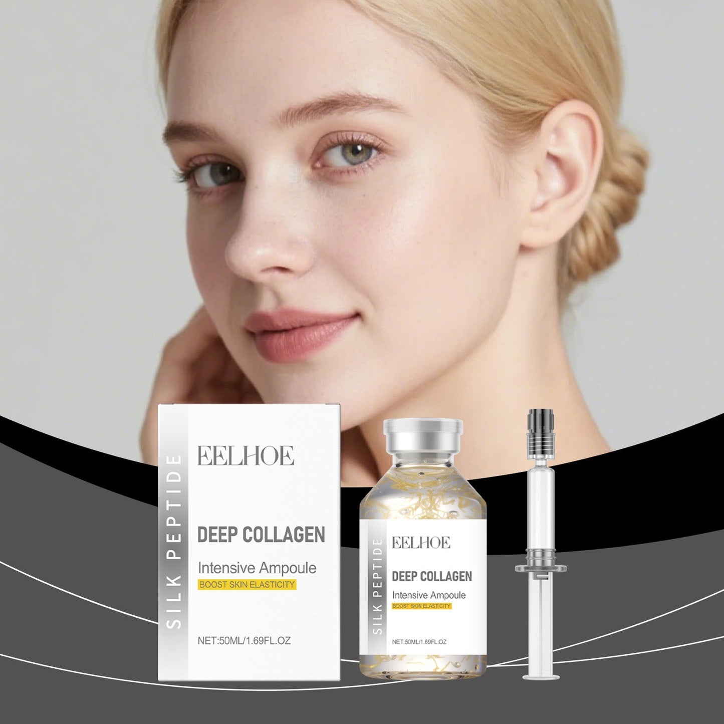 Deep collagen intensive ampoule set: box, amber bottle, syringe-style dropper (50ml)