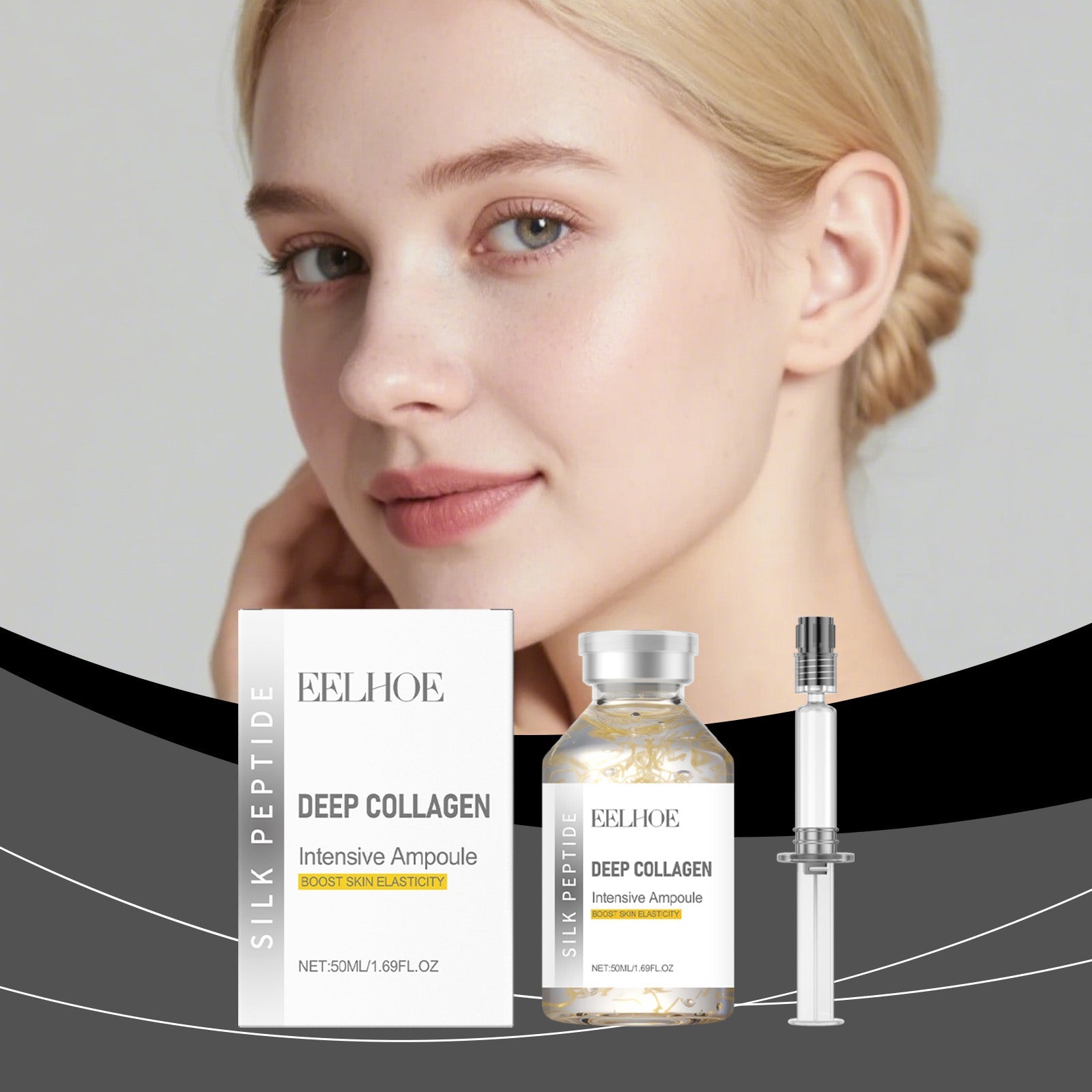 Deep collagen intensive ampoule set: box, amber bottle, syringe-style dropper (50ml)
