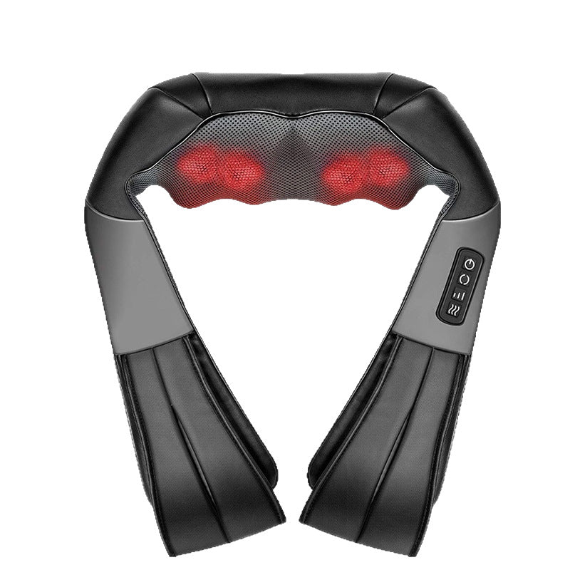 Black neck massager wrap with red LED heat lights and side control buttons