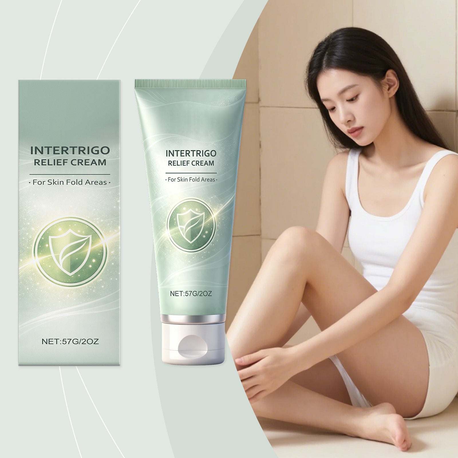 Intertrigo relief cream tube and box with person seated applying cream