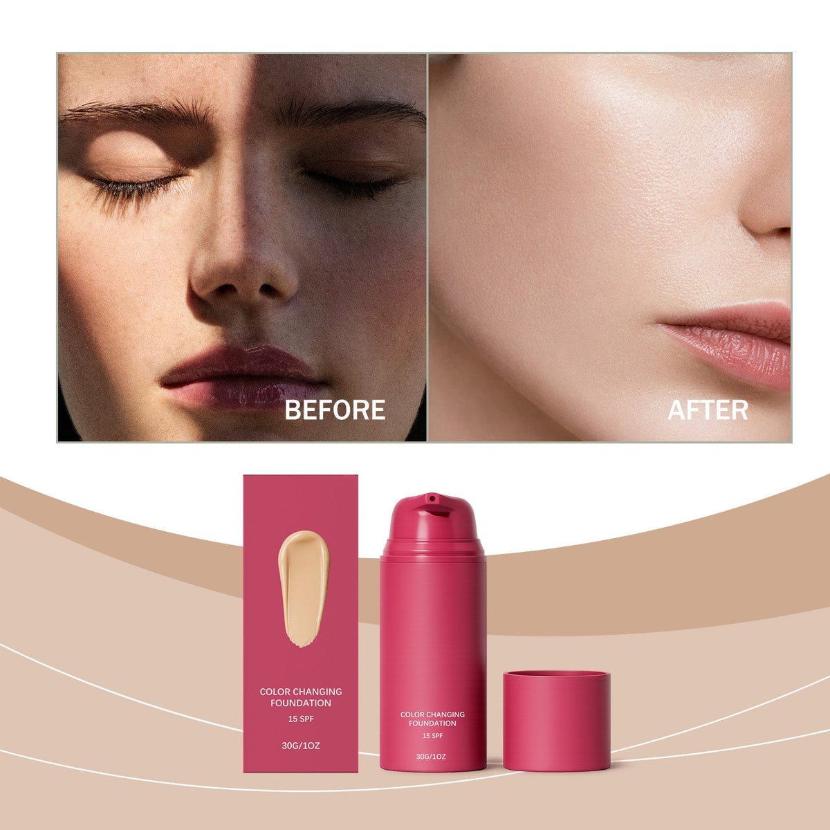 Thermo-responsive foundation natural shade, pink bottle and jar with before/after panels