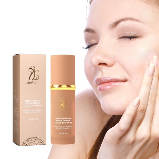 Moisturizing sunscreen foundation bottle and woman applying face makeup with fingertips