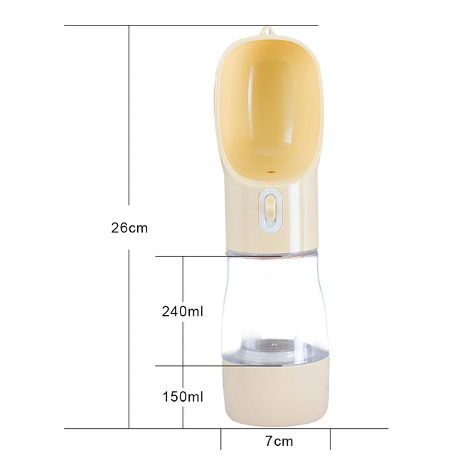 Cream pet water bottle feeder with translucent body and 240ml/150ml fill marks