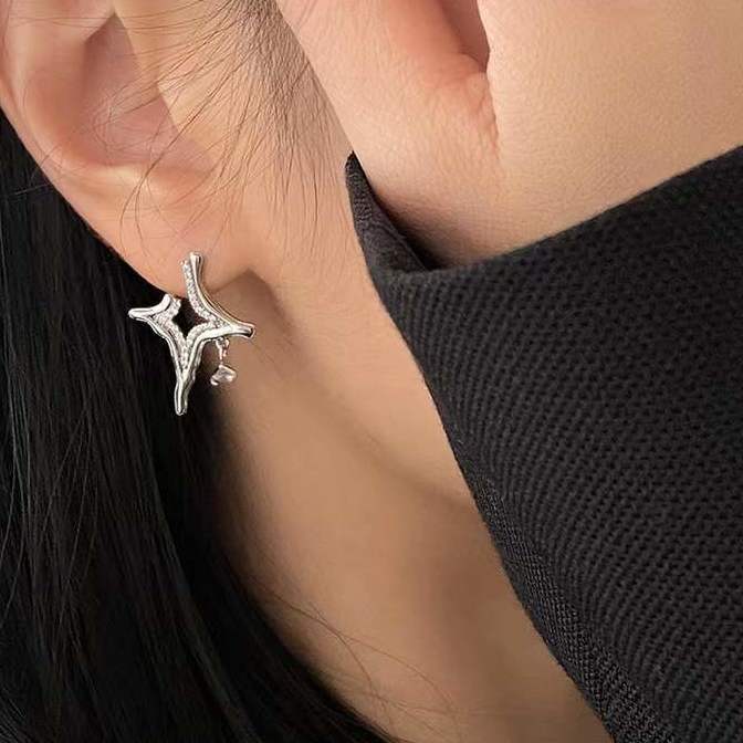 Silver rhinestone star cross stud earrings with drop detail