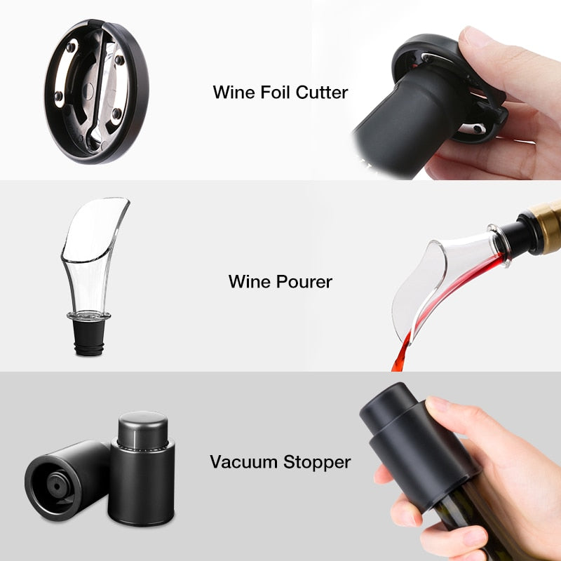 Black wine bottle opener accessories set: foil cutter, wine pourer, vacuum stopper