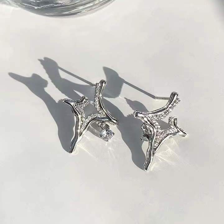 Silver rhinestone star cross earrings, two-piece drop with sparkly center