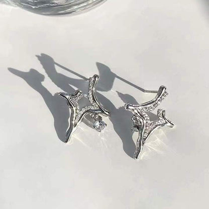Silver rhinestone star cross earrings, two-piece drop with sparkly center