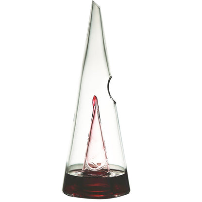 Transparent wine decanter, tall clear cone shape with red wine at the base