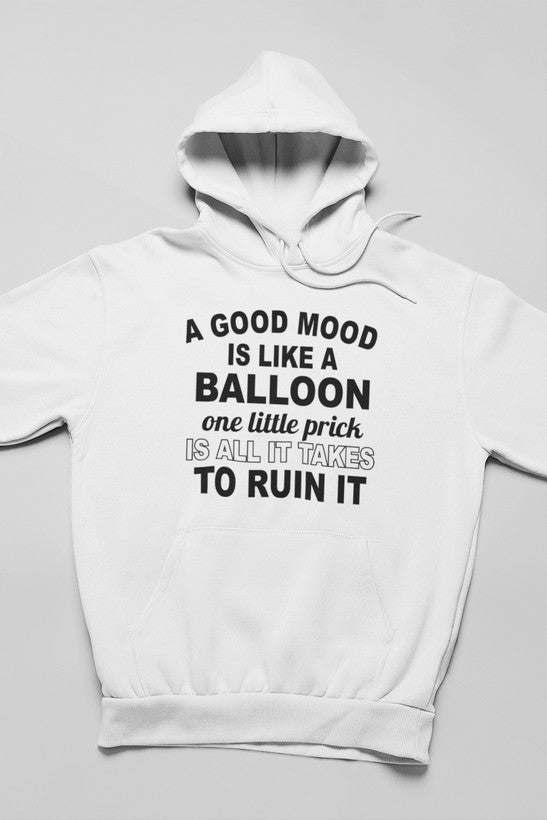 White hooded pullover with front slogan and balloon graphic; long sleeves, kangaroo pocket