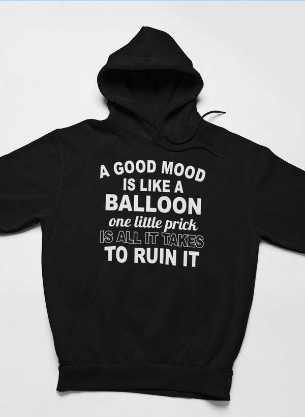 A Good Mood hoodie in black with front graphic text and pullover hood