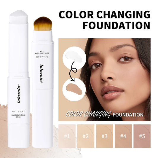 Color-changing foundation stick with dual-ended brush, white tube and cap