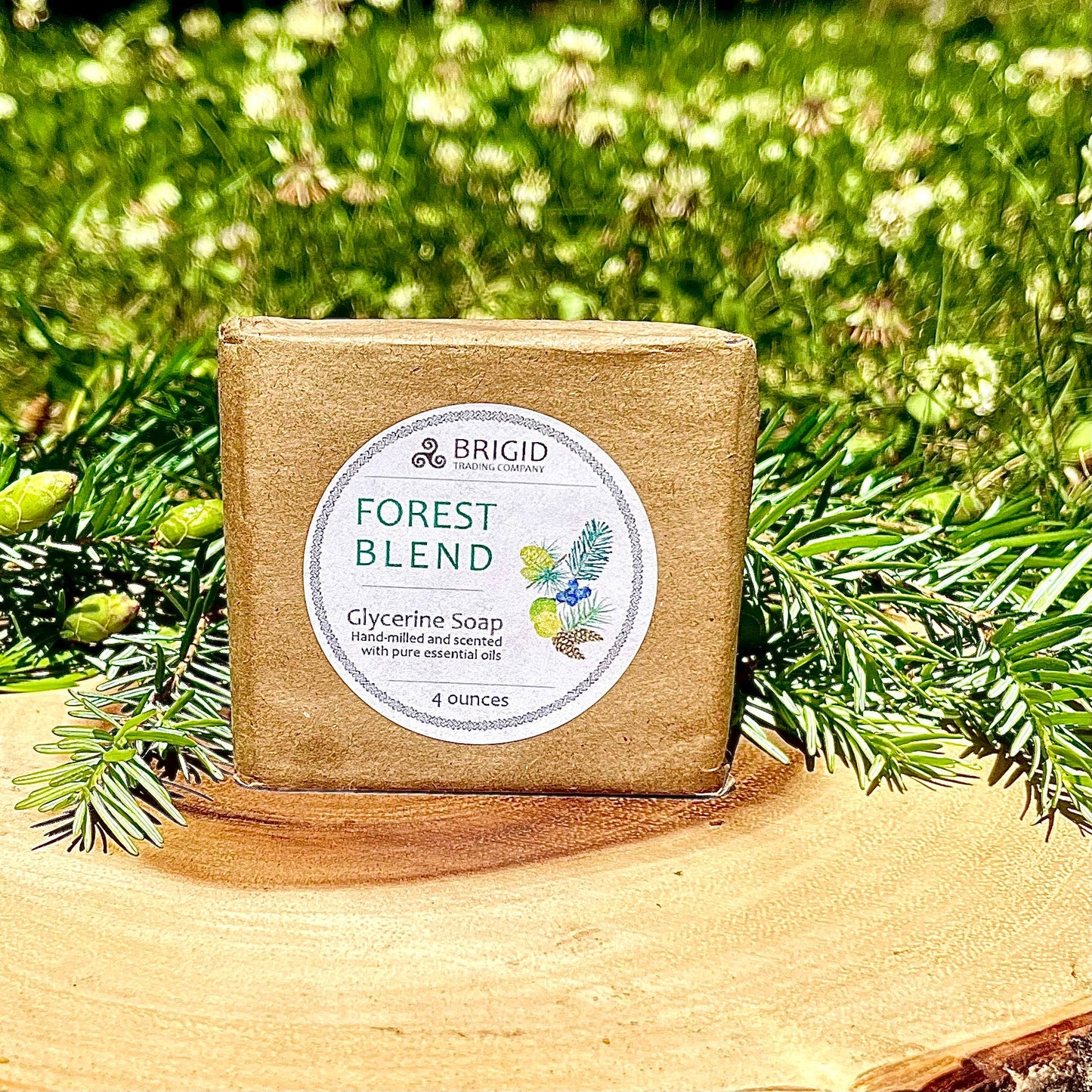 Glycerine soap bar in kraft paper with 'Forest Blend' label, 4 ounces.