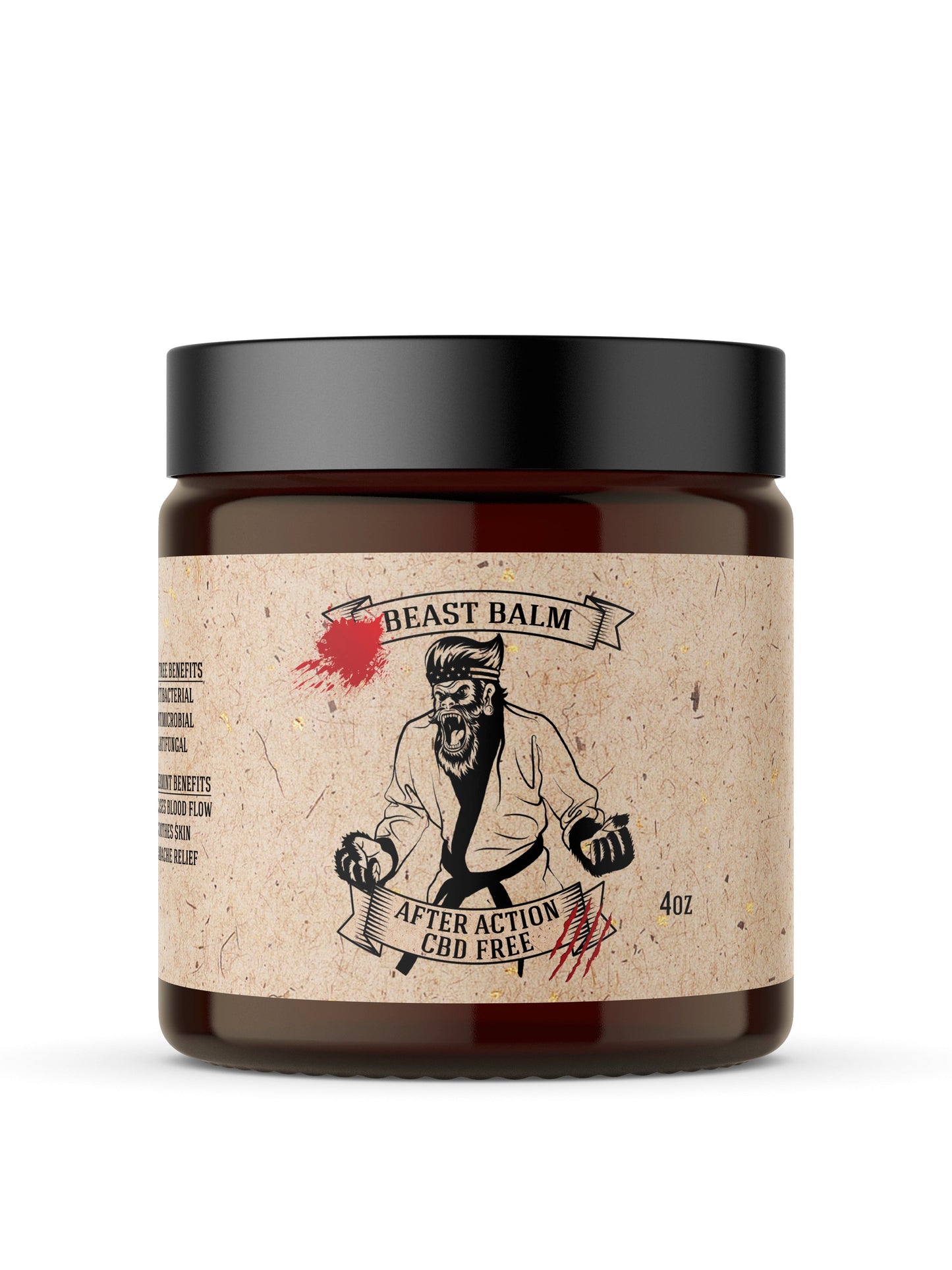 Hemp-free beast balm jar with black lid and kraft label, 4 oz.