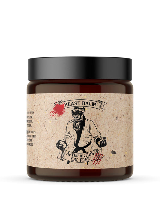 Hemp-free beast balm jar with black lid and kraft label, 4 oz.