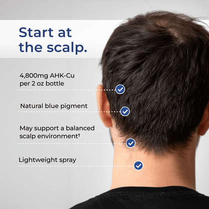 AHK-Cu hair serum spray at scalp on back of head, lightweight mist.