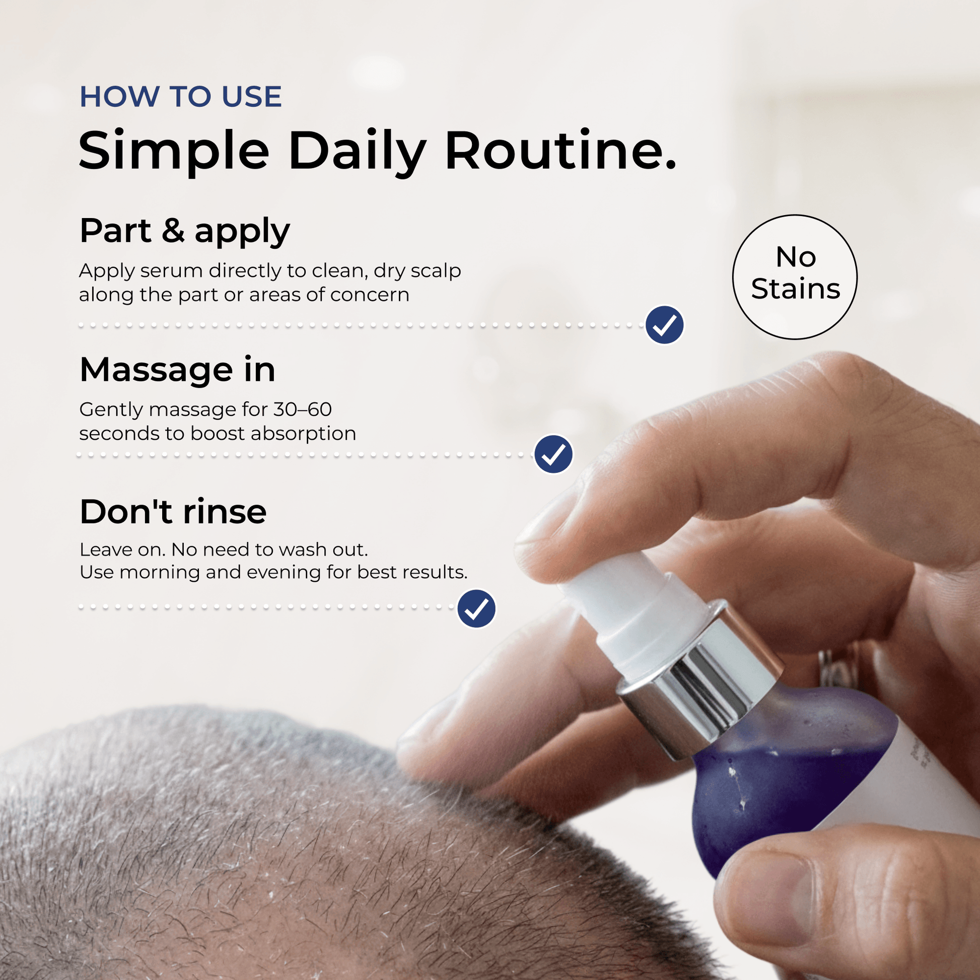 AHK-Cu hair serum spray bottle dispensing on skin; simple daily routine.