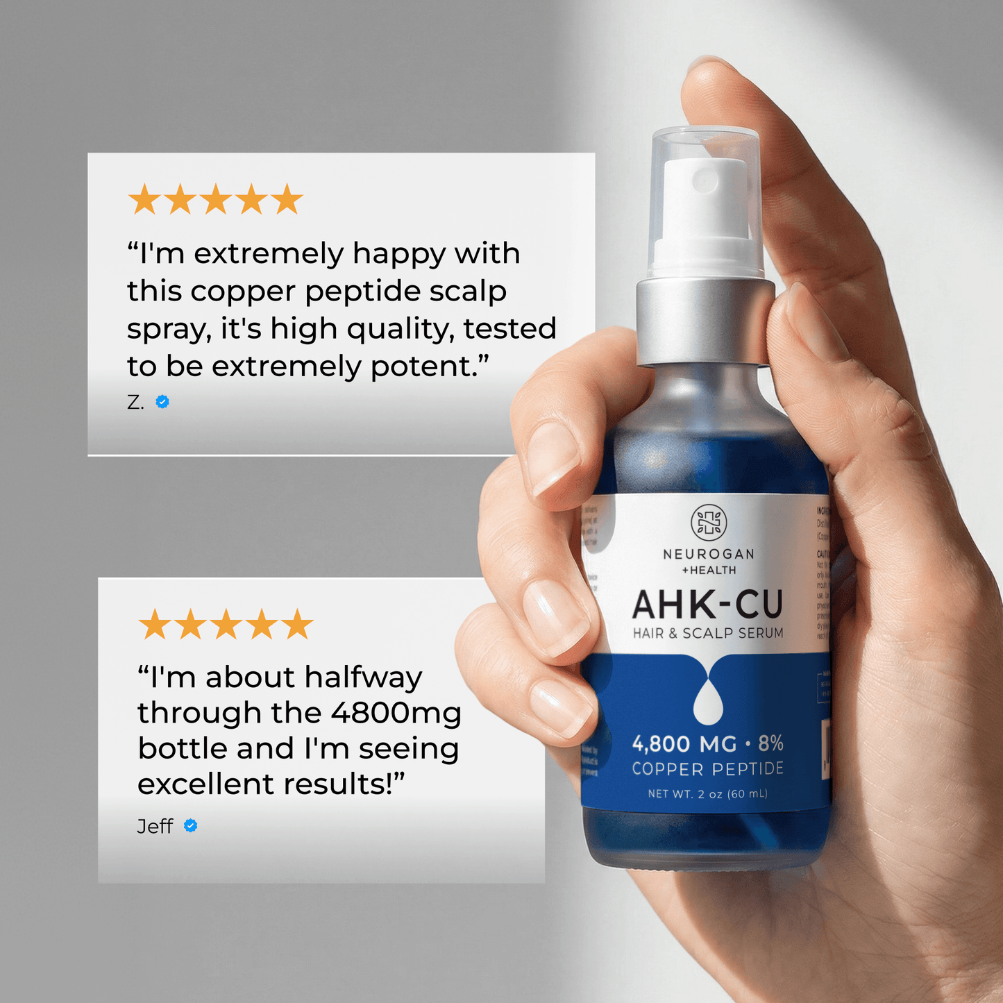 AHK-Cu hair serum bottle in hand with blue liquid and white spray pump.
