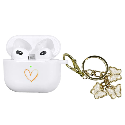 AIIEKZ Compatible with AirPods 3 Case Cover 2021 Soft Silicone Case with Gold Heart Pattern for AirPods 3rd Generation Case with Cute Butterfly Keychain for Girls Women (White) - Renee Lane Company